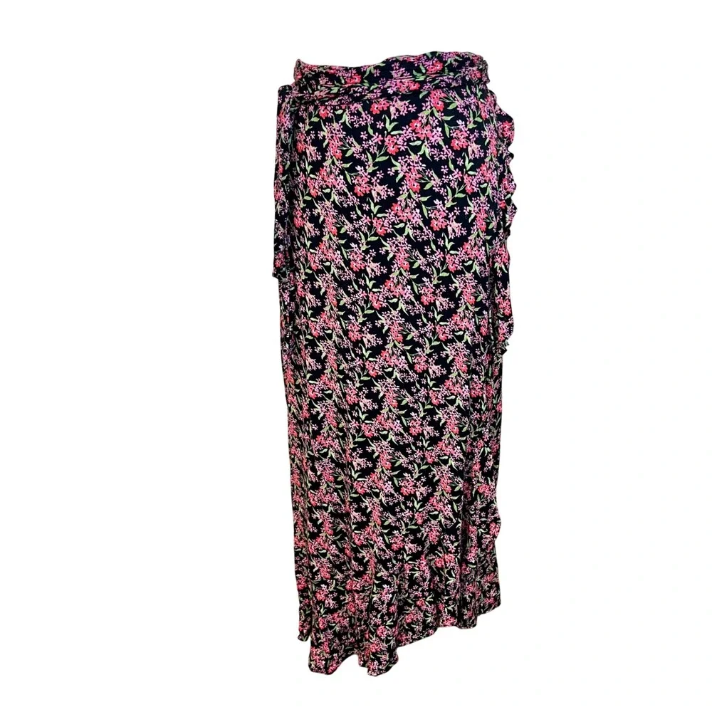 Vintage MARONIE Black Pink Floral Wrap Maxi Skirt Cottage Coquette Romantic‎ Y2K